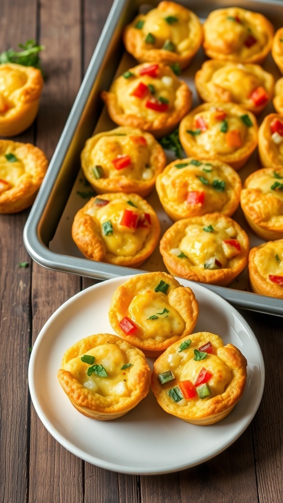 Oven-Baked Egg Muffins Recipe A tray of baked egg muffins with vegetables and cheese, served on a rustic table.